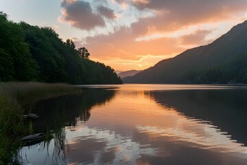 Picture Sunrise or sunset over lake creates serene nature background