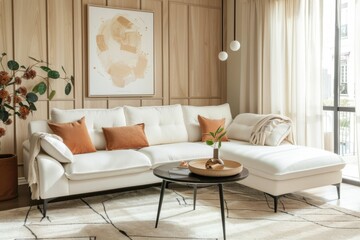 Elegant living room interior with a white corner sofa and modern coffee table