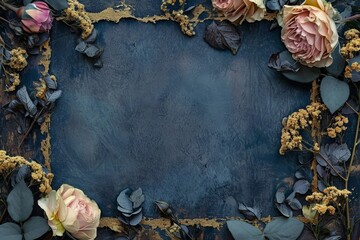 Obraz na płótnie Canvas Gold and other roses and gilding on dark blue background. Top view. Flat-lay. Place for text. For posters, postcards, wallpaper banners, branding, backgrounds