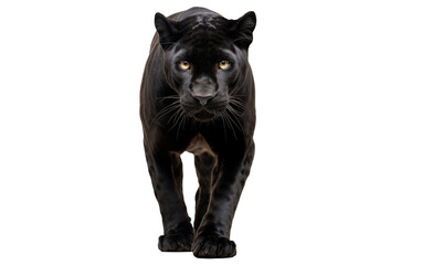 Naklejka na ściany i meble A sleek black panther gracefully walks across a serene white background