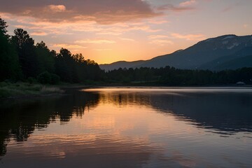Obraz premium Radiant sunset casts hues of gold and pink over tranquil lake