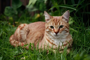 Red cat rests gracefully amidst lush green grassy surroundings
