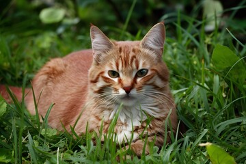 Naklejka na ściany i meble Red cat rests gracefully amidst lush green grassy surroundings
