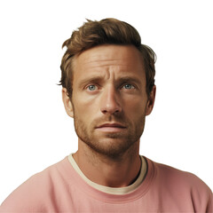 Obraz premium A man with facial hair in a pink sweater makes a cheeky gesture on transparent