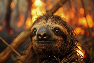 Fototapeta premium Sad and dirty sloth against forest fire, flames in view