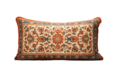 A decorative pillow adorned with an intricate orange and blue border