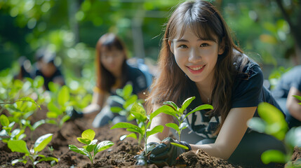 Asian young volunteers actively participating in a greenery project by planting trees to cultivate a lush forest, showing dedication to environmental conservation and sustainability.
