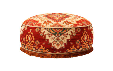 A red and white ottoman rests elegantly on a white floor
