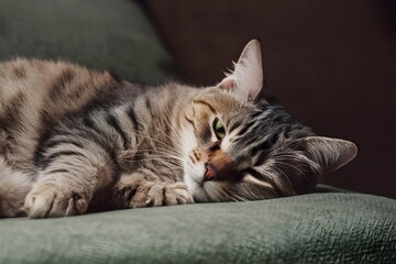 Naklejka premium Relaxed cat finds comfort in a peaceful resting position