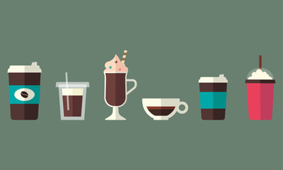 Set of hot and cold drinks in flat style. Collection of different isolated coffee types. Paper mug, cups and glasses. Vector icons for menu, flyer and banner