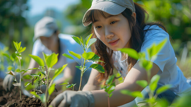 Asian young volunteers actively participate in a greenery project by planting trees to cultivate a lush forest, embodying dedication to environmental conservation and sustainability.