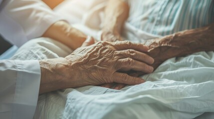 Elderly Hands Receiving Comforting Touch in Bed - obrazy, fototapety, plakaty
