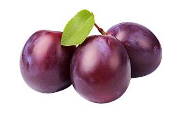 Three plums with a green leaf, creating a whimsical and artistic composition on a white background