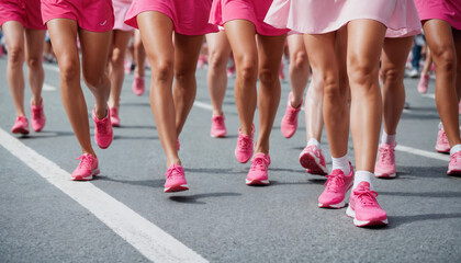 A group of girls are participating in the event, all dressed in pink shirts and pink sneakers, People are running.