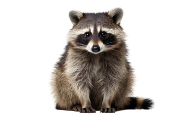 A raccoon is sitting down and looking directly at the camera, appearing curious and alert