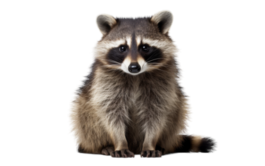A raccoon is sitting down and looking directly at the camera, appearing curious and alert