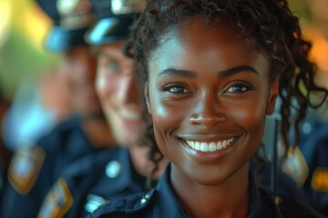 Strengthened by unity: Female officer stands with her policing team - obrazy, fototapety, plakaty