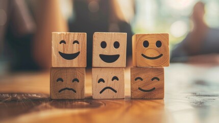 Group of Wooden Blocks With Faces Drawn - obrazy, fototapety, plakaty