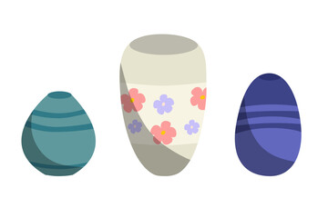 A set of various ceramic products, pottery. Pots and vases for flowers of various sizes and shapes. Interior items. Flat vector cartoon illustration isolated on a white background