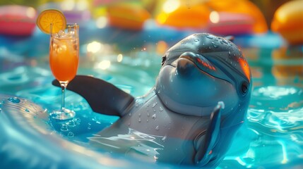 Cute and funny dolphin with cocktail