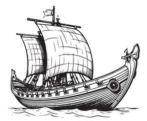 Viking ship. Medieval military boat with sails Vintage Vector illustration