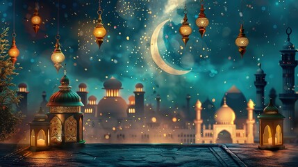 Fototapeta na wymiar Festive greeting card for Muslim holy month Ramadan Kareem & Eid Mubarak generative ai image