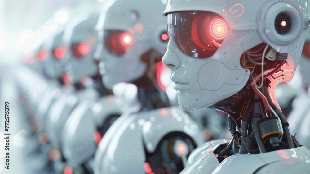 Poster Row of Robots With Red Eyes, White Background