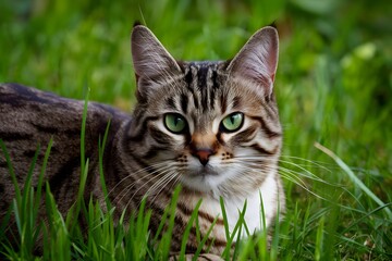 Naklejka na ściany i meble shot Close up of cat with green eyes lying in grass