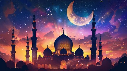 Fototapeta premium Festive greeting card for Muslim holy month Ramadan Kareem & Eid Mubarak generative ai image