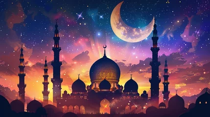 Deurstickers Festive greeting card for Muslim holy month Ramadan Kareem & Eid Mubarak generative ai image © SazzadurRahaman