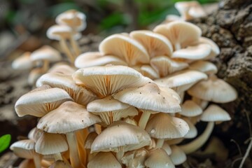 Fototapeta premium Cluster of Mushrooms Growing on Tree Stump