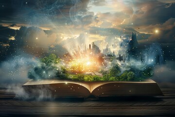 Magical open book with fantasy world emerging, celebrating World Book Day