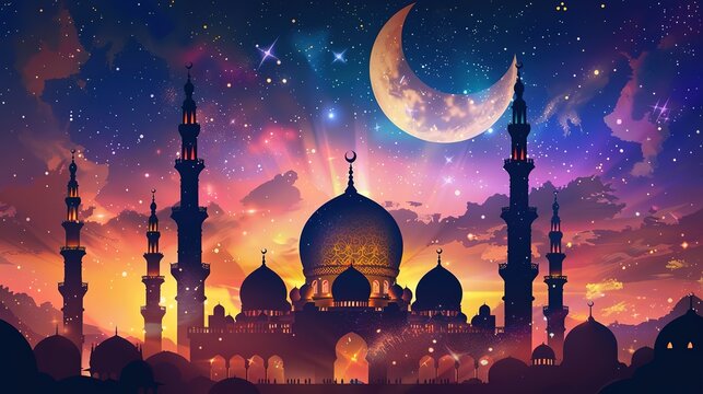 Festive greeting card for Muslim holy month Ramadan Kareem & Eid Mubarak generative ai image