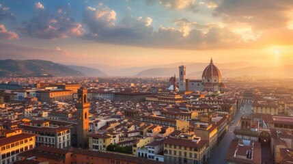 Fototapeta na wymiar Sunset over Florence Cathedral from above