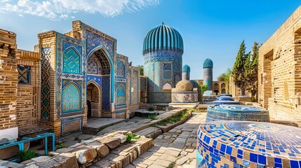 blue tiles on a breathtaking view of Samarkand, Uzbekistan's Shah-i-Zinda Ensemble. - obrazy, fototapety, plakaty