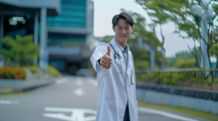 Fototapeta premium An Asian male doctor giving a thumb up. Hospital, veterenarian, blur. Generated by artificial intelligence.