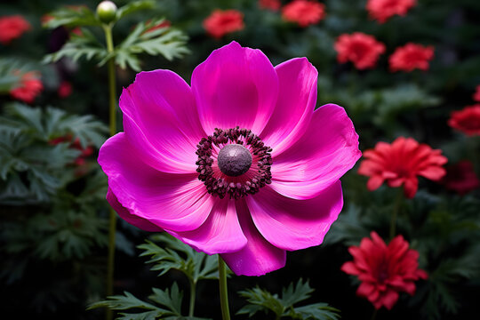 Stunning Close-up Shot of Vibrant Magenta Anemone Flower with Dewdrops Amidst Lush Foliage