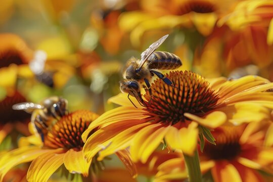 Macro Close-up of Bees Pollinating Helenium Flowers, Nature Illustration