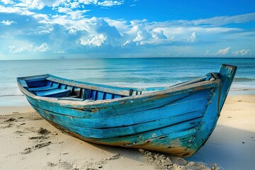 Blue Boat Resting on Sandy Beach