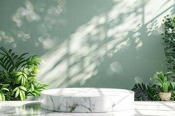 Luxurious white marble podium display on a green nature-inspired abstract background, 3D render