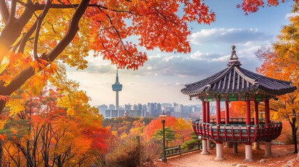 Fall foliage at Seoul, South Korea's Namsan Tower and Pavilion. - obrazy, fototapety, plakaty