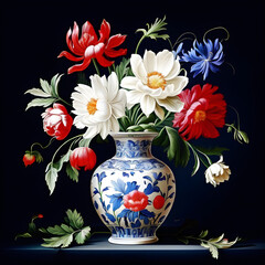 Beautiful prints and arrangements in flower vases of various colors with peonies, orchids and other beautiful flowers.
