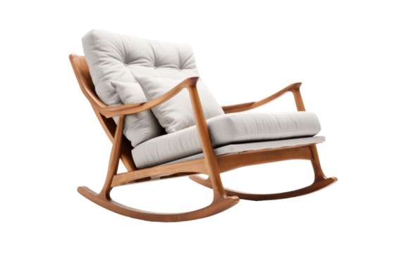 A wooden rocking chair with a white cushion gently sways back and forth