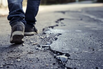 Person Walking Down a Street With a Broken Road