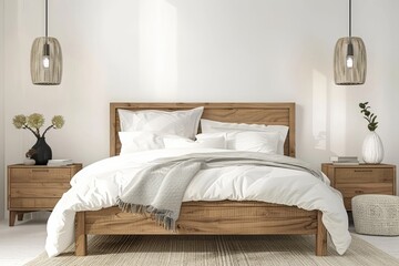 Cozy Scandinavian style bedroom with natural wood furniture and modern decor