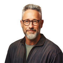 Obraz premium A man with glasses, beard, and a combover hairstyle is smiling at the camera. His forehead has a few wrinkles, showcasing his good vision care and stylish eyewear on transparent