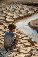 Young Boy Sitting on Cracked Field