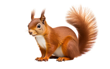 A red squirrel balances on its hind legs, standing tall and alert in a natural setting