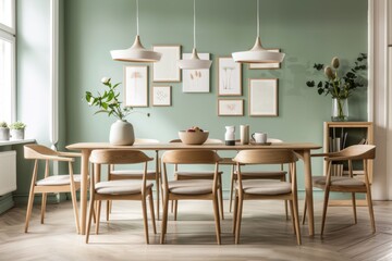 Modern Scandinavian dining room with wooden furniture and green walls
