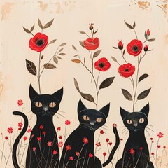 Two Black Cats Among Flowers